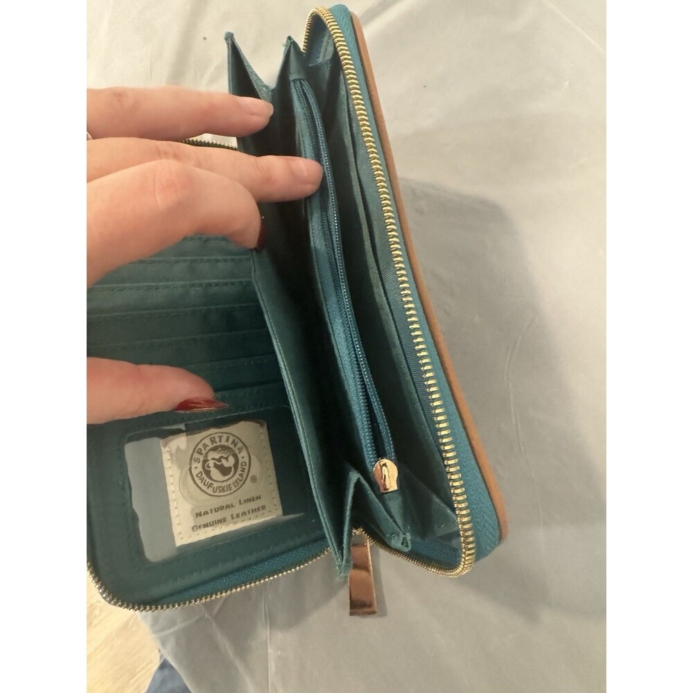Spartina 449 Zip Around Wallet Linen Leather Brown Blue Pattern Read - Picture 6 of 7